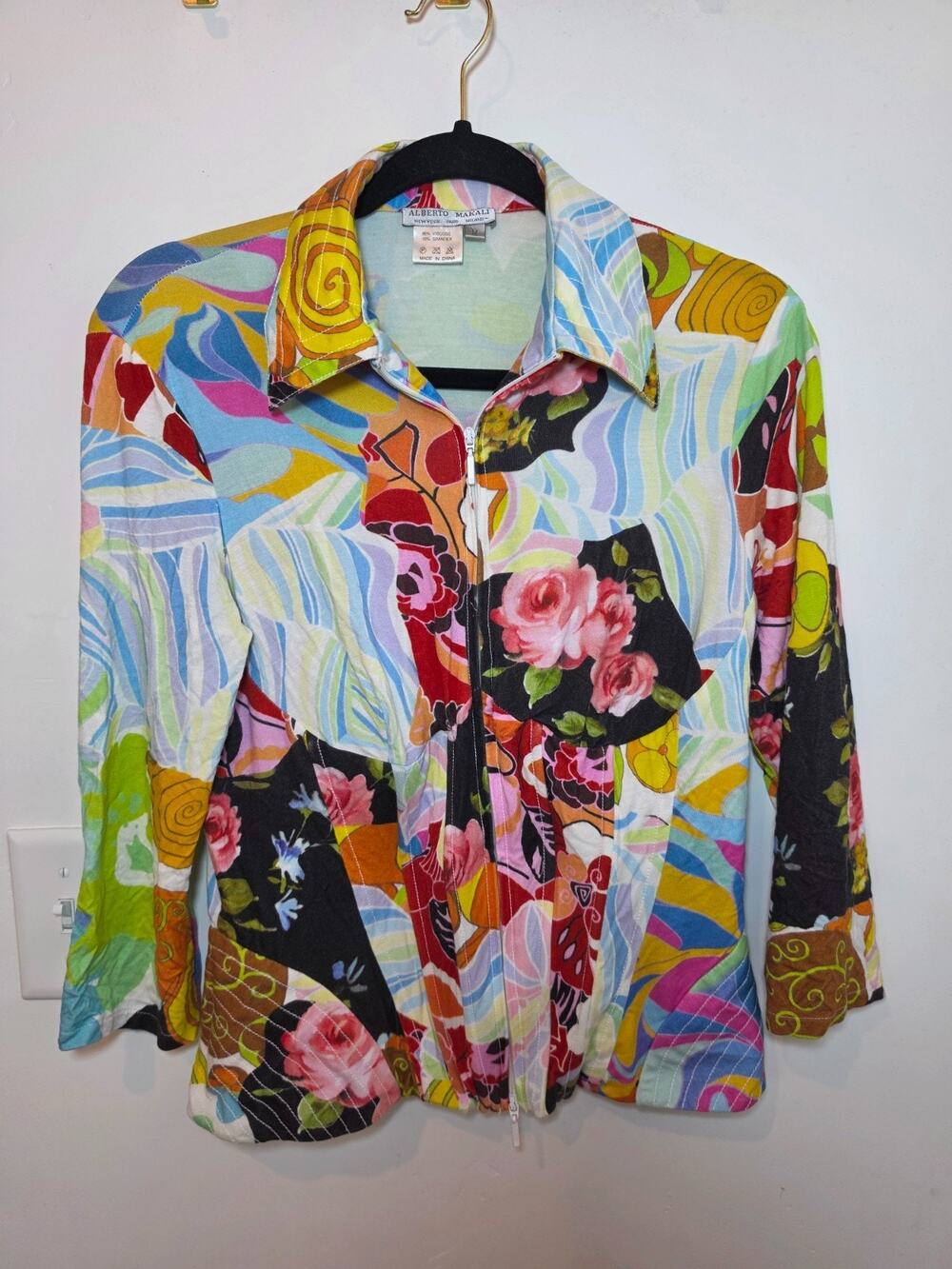 Y2K Alberto Makali Rouched Colorful Zip Up Collared Blouse Top Sz M